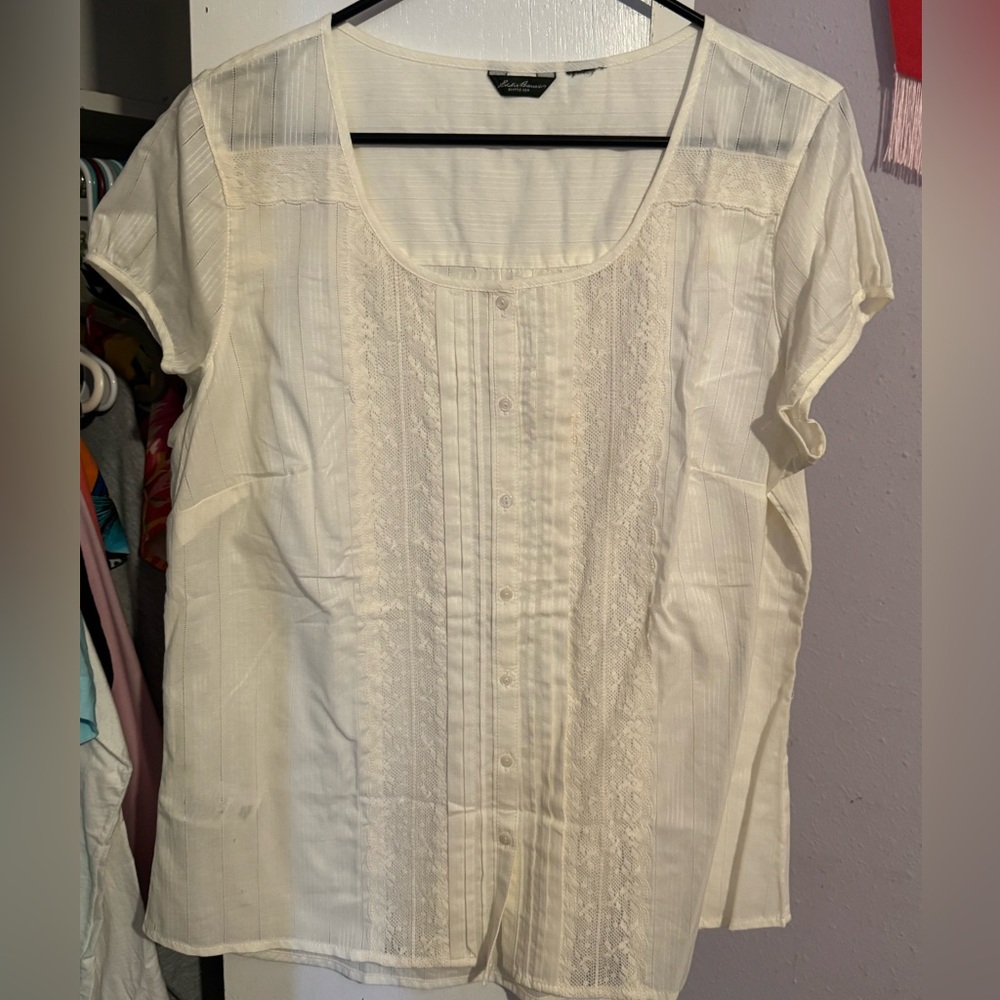 Eddie Bauer White Lace Panel Blouse Cap Sleeve 100% Cotton